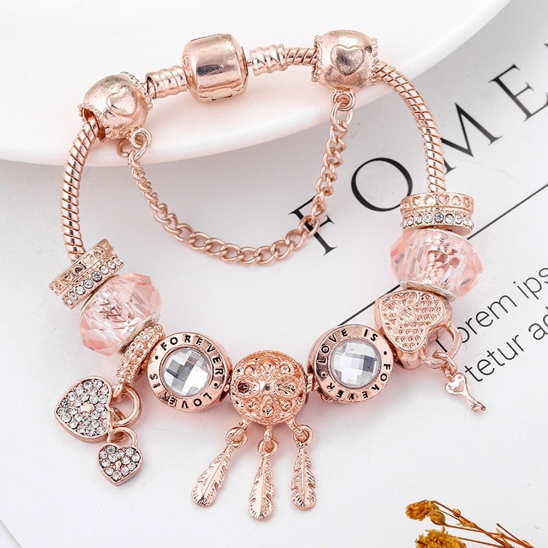 Léna - Rózsa álomszövő karkötő charmokkal sterling ezüstből