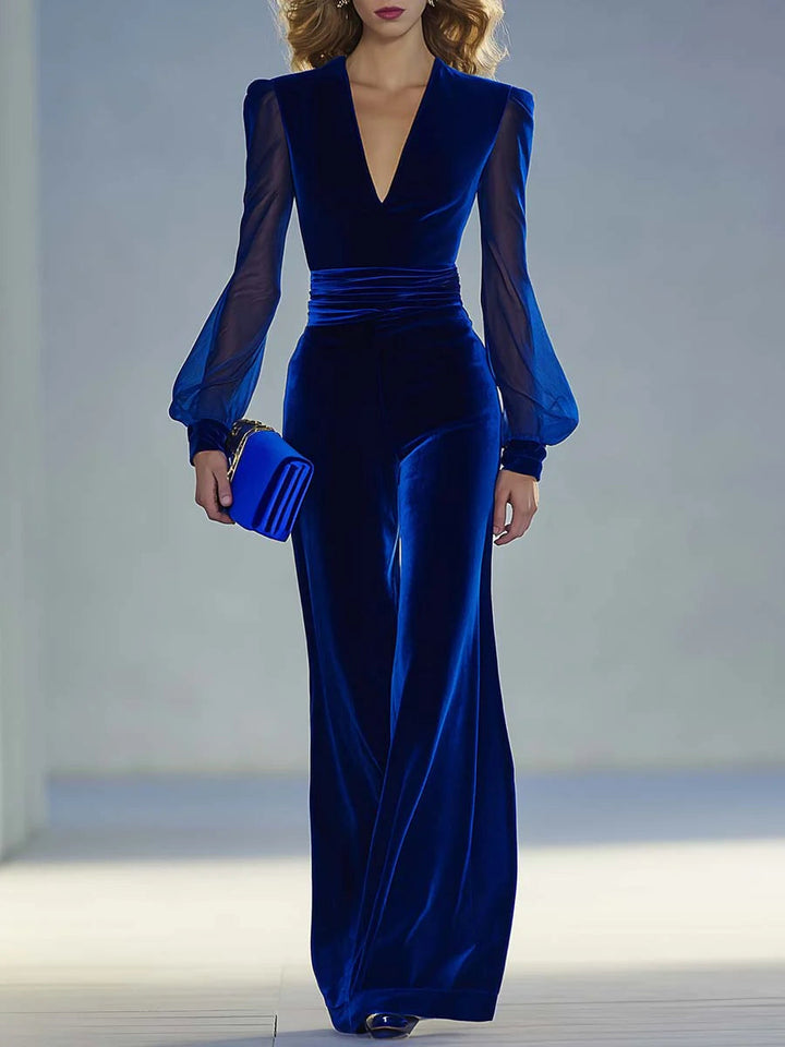 Sabrina - Hosszú bársonyos overall V-nyakkal és hosszú hálós ujjakkal, elegáns és retró