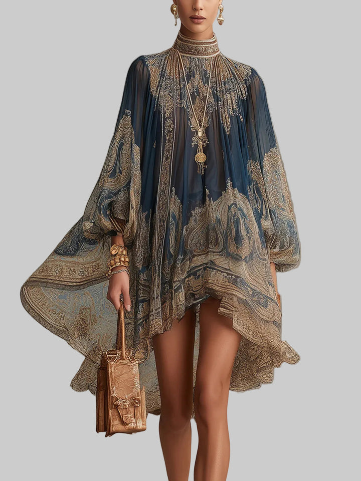 Mini Szatén Ruha Tengerészkék Barokk Mintával és Magas Nyakkal